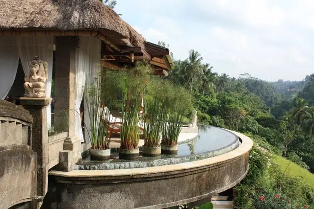 Ubud dərəsinə baxan sonsuzluq hovuzu və alang-alang damlı villa terrası — aşağıda palma meşəsi ilə örtülü Petanu vadisi